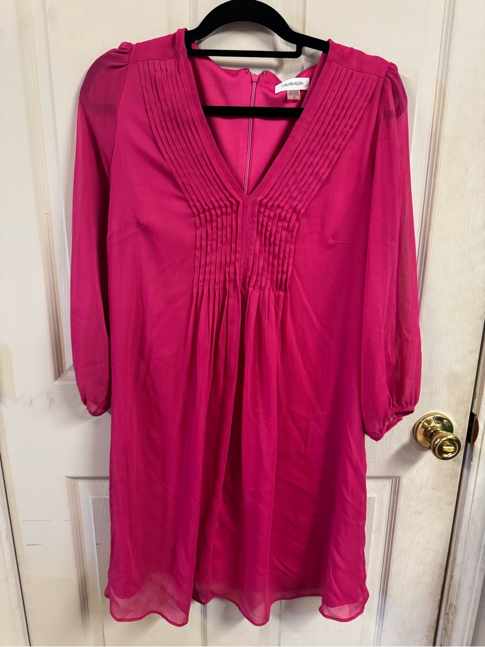 Calvin Klein V-Neck Pintuck Mini Dress in Bright Fuchsia